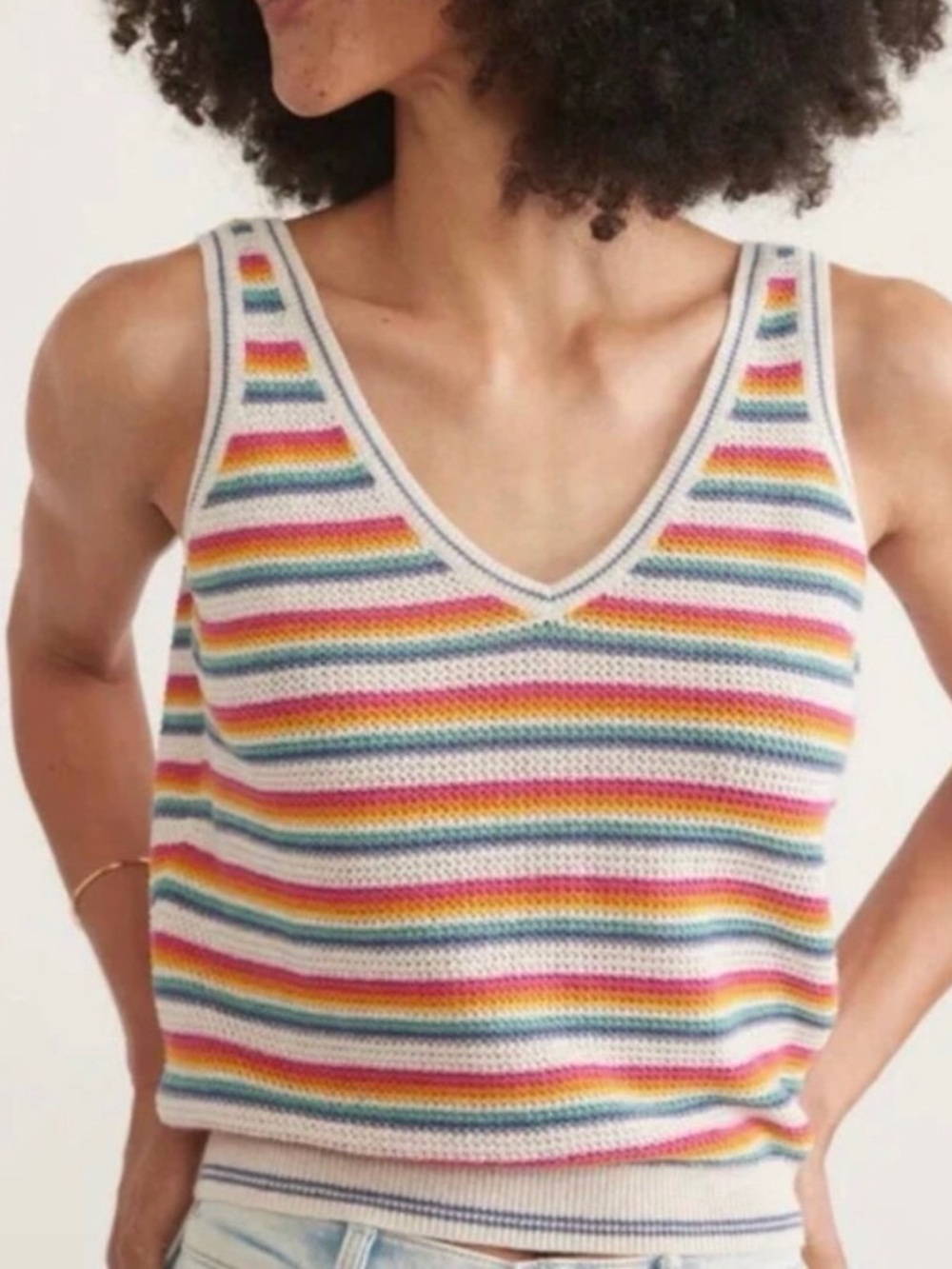 Marine Layer Finley Striped V-Neck Knit Tank in White with Rainbow Stripes